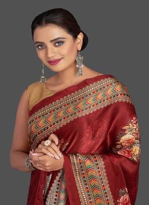 Red Printed Satin Saree With Blouse 3