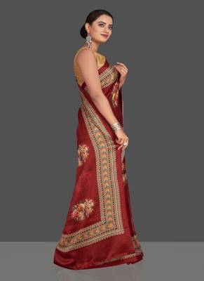 Red Printed Satin Saree With Blouse 4