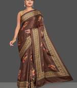 Brown Printed Satin Saree With Blouse