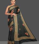 Dark Green Printed Satin Saree With Blouse