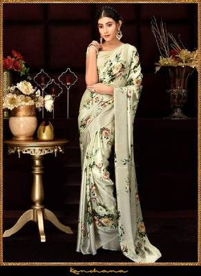 Sea Green Printed Satin Saree With Blouse 1