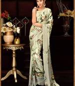 Sea Green Printed Satin Saree With Blouse