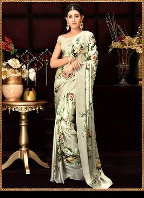 Sea Green Printed Satin Saree With Blouse 2