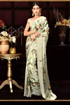 Sea Green Printed Satin Saree With Blouse