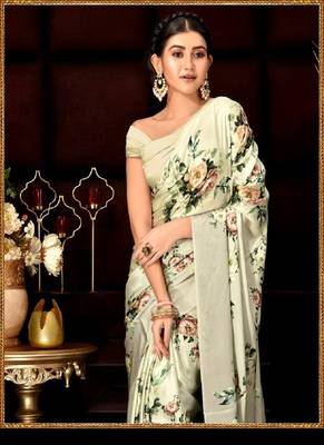 Sea Green Printed Satin Saree With Blouse 3