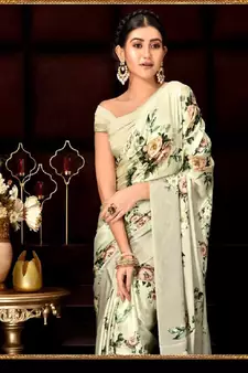 Sea Green Printed Satin Saree With Blouse
