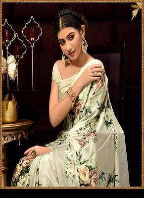 Sea Green Printed Satin Saree With Blouse 4