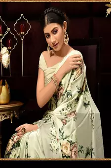 Sea Green Printed Satin Saree With Blouse