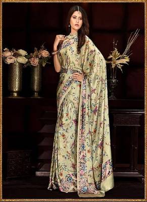 Green Printed Satin Saree With Blouse 3