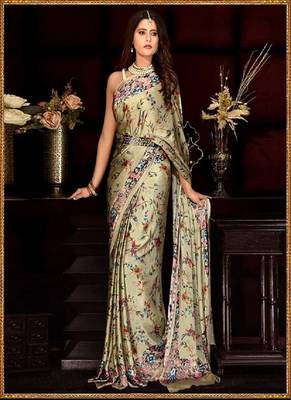 Green Printed Satin Saree With Blouse 1