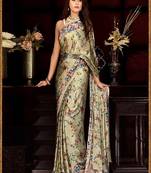 Green Printed Satin Saree With Blouse