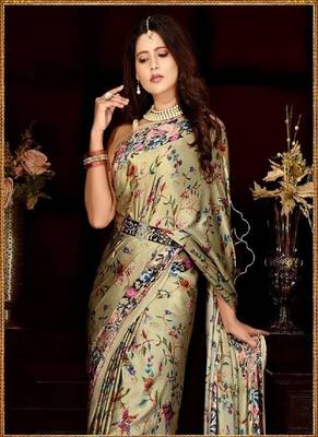 Green Printed Satin Saree With Blouse 4