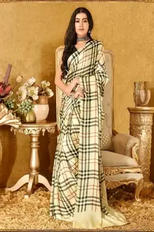 Cream Printed Satin Saree With Blouse