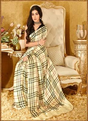 Cream Printed Satin Saree With Blouse 4