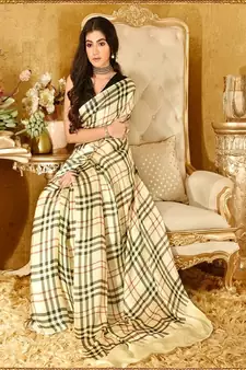 Cream Printed Satin Saree With Blouse