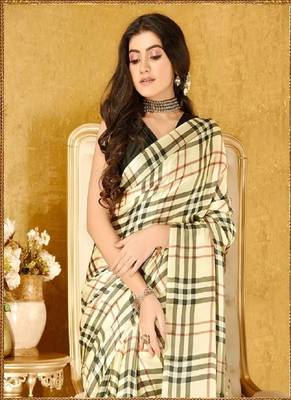 Cream Printed Satin Saree With Blouse 5