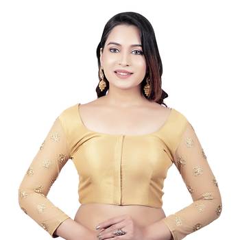 Gold Brocade 3/4th Sleeves Golden Net Embroidery Sleeves Princess Cut Padded Readymade Blouse 1