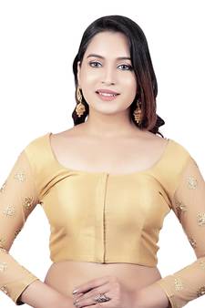 Gold Brocade 3/4th Sleeves Golden Net Embroidery Sleeves Princess Cut Padded Readymade Blouse