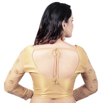 Gold Brocade 3/4th Sleeves Golden Net Embroidery Sleeves Princess Cut Padded Readymade Blouse 2
