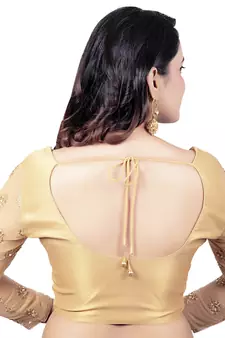 Gold Brocade 3/4th Sleeves Golden Net Embroidery Sleeves Princess Cut Padded Readymade Blouse
