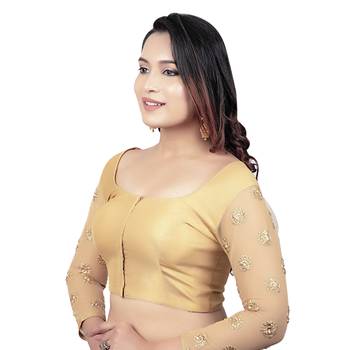 Gold Brocade 3/4th Sleeves Golden Net Embroidery Sleeves Princess Cut Padded Readymade Blouse 3