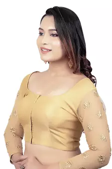 Gold Brocade 3/4th Sleeves Golden Net Embroidery Sleeves Princess Cut Padded Readymade Blouse
