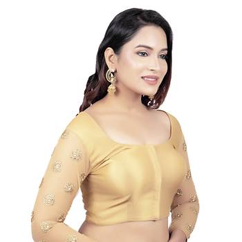 Gold Brocade 3/4th Sleeves Golden Net Embroidery Sleeves Princess Cut Padded Readymade Blouse 4