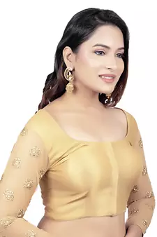 Gold Brocade 3/4th Sleeves Golden Net Embroidery Sleeves Princess Cut Padded Readymade Blouse