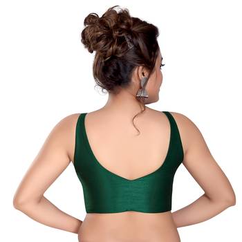 Dark Green Silk Sleeveless Saree Blouse with V Neckline 2