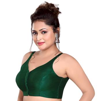 Dark Green Silk Sleeveless Saree Blouse with V Neckline 3