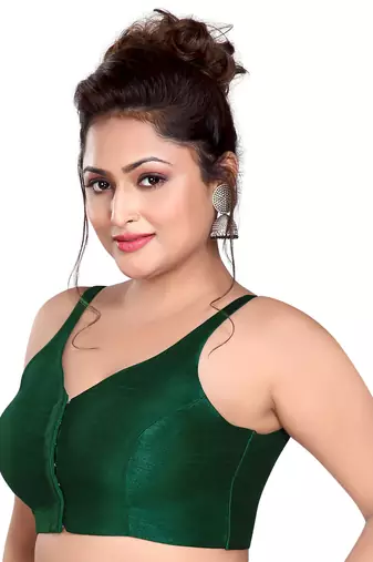Dark Green Silk Sleeveless Saree Blouse with V Neckline