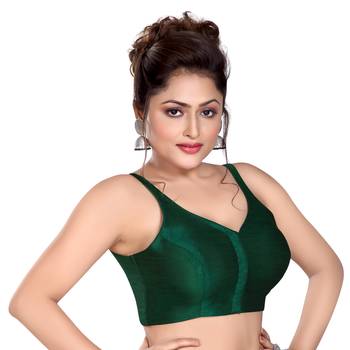 Dark Green Silk Sleeveless Saree Blouse with V Neckline 4