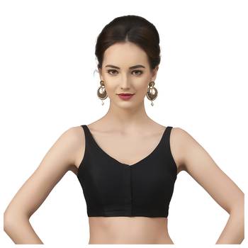 Black Silk Sleeveless Saree Blouse with V Neckline 1