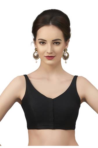 Black Silk Sleeveless Saree Blouse with V Neckline