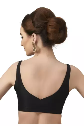 Black Silk Sleeveless Saree Blouse with V Neckline