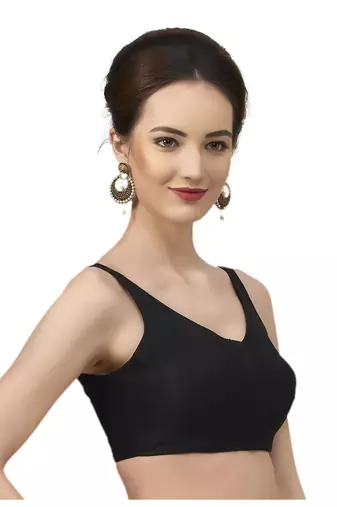 Black Silk Sleeveless Saree Blouse with V Neckline