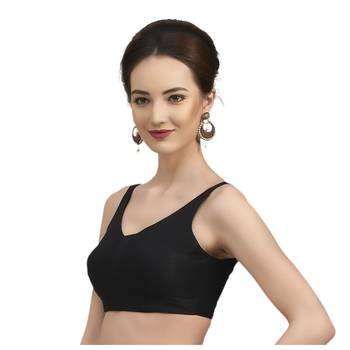 Black Silk Sleeveless Saree Blouse with V Neckline 4