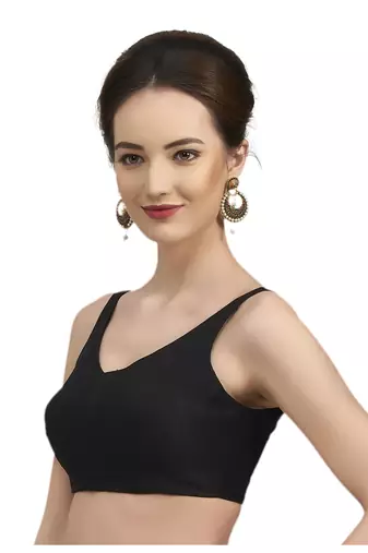 Black Silk Sleeveless Saree Blouse with V Neckline
