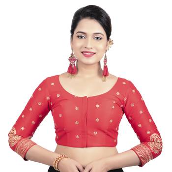 Red Dupion Silk Embroidered 3/4 Sleeves Princess Cut Padded Readymade Blouse 1
