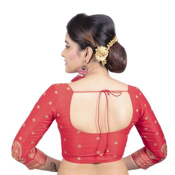 Red Dupion Silk Embroidered 3/4 Sleeves Princess Cut Padded Readymade Blouse 2
