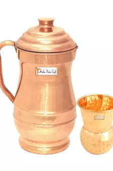 Pure Copper Jug Pitcher with 1 Glass Tumbler  Drinkware Set  2 Pieces