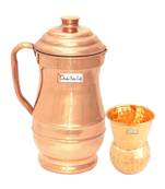 Pure Copper Jug Pitcher with 1 Glass Tumbler  Drinkware Set  2 Pieces