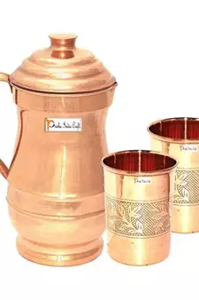 Pure Copper Jug 1800 ML with 2 Glass Tumbler Drinkware Set