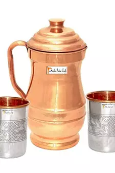 Pure Copper Jug  1800 ML with 2 Steel Copper Glass Tumbler 250 ML