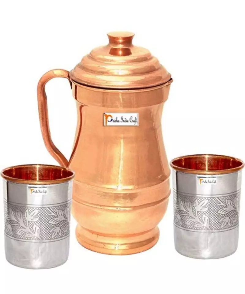 Pure Copper Jug  1800 ML with 2 Steel Copper Glass Tumbler 250 ML