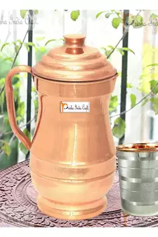 PrishaIndiaCraft Pure Copper Maharaja Jug Pitcher with 1 Glass Tumbler  Drinkware Set  Yoga  Copper Jug | 1800 ML