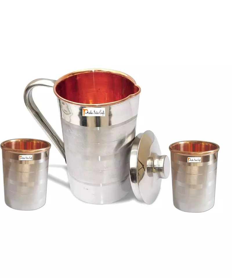 Prisha India Steel Copper Jug Pitcher with 2 Tumblers