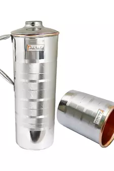 Steel Copper Jug Pitcher with 1 Tumbler Drinkware Set