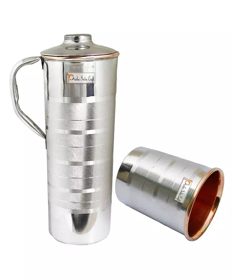 Steel Copper Jug Pitcher with 1 Tumbler Drinkware Set