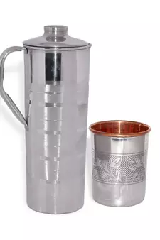 Steel Copper Jug Picher 900 ML with 1 Steel Copper Glass Tumbler 250 ML